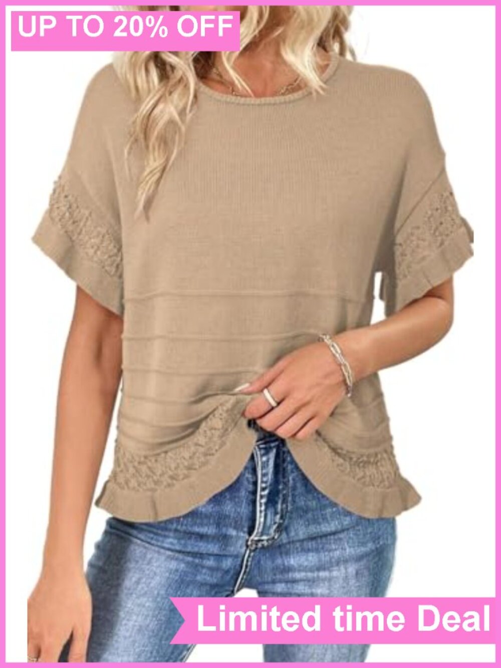 Women's Short Sleeve Knit Pullover Sweater with Ruffled Hem and Crochet Details